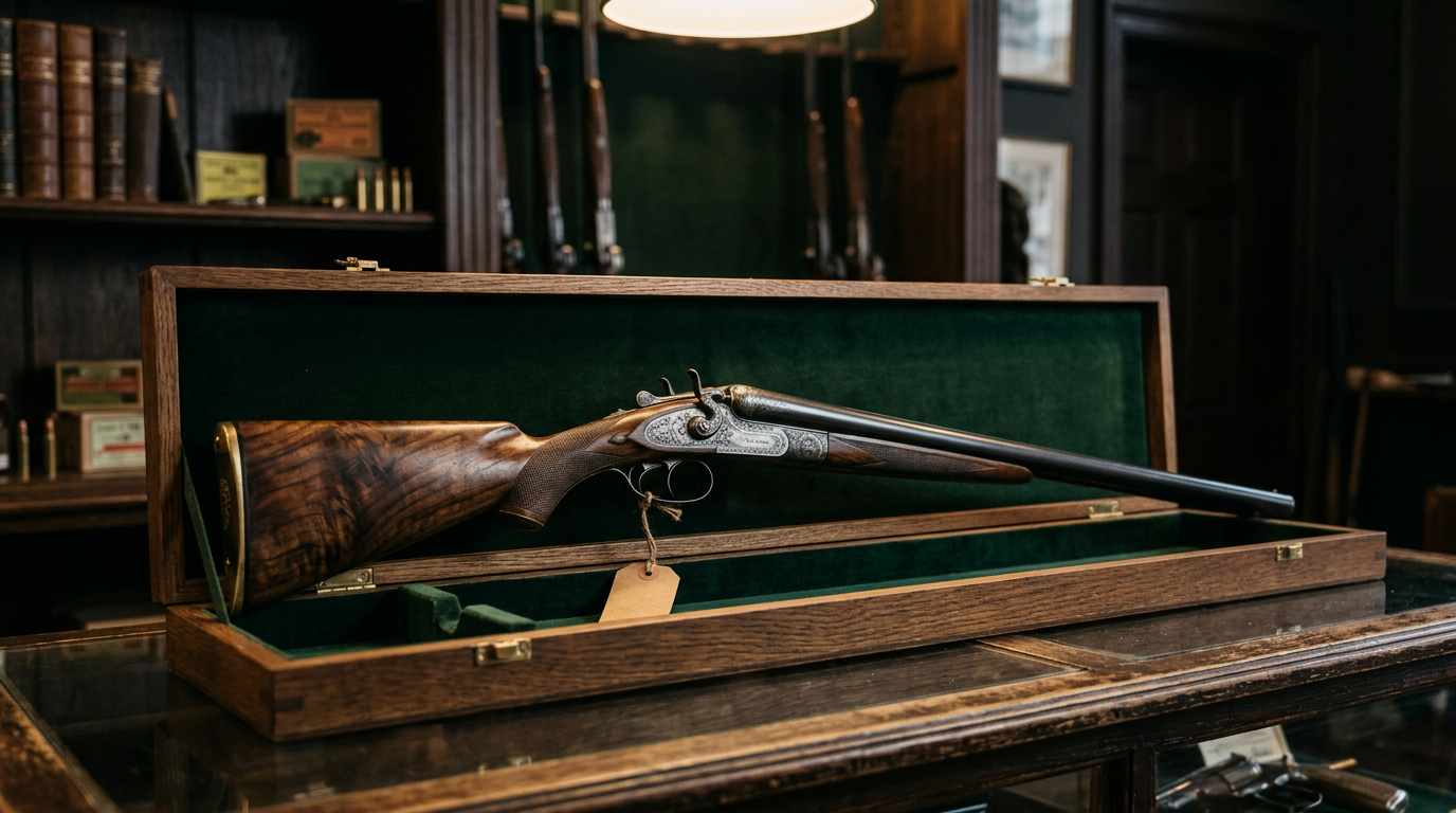 Waffe präsentiert in einem offenen Etui mit Preisschild