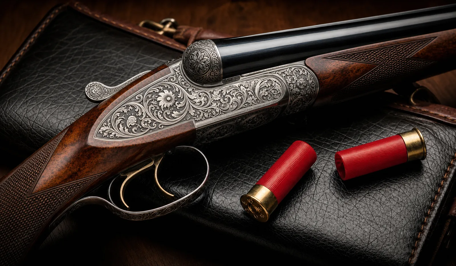Graviertes Jagdgewehr auf einer Ledertasche mit Patronen